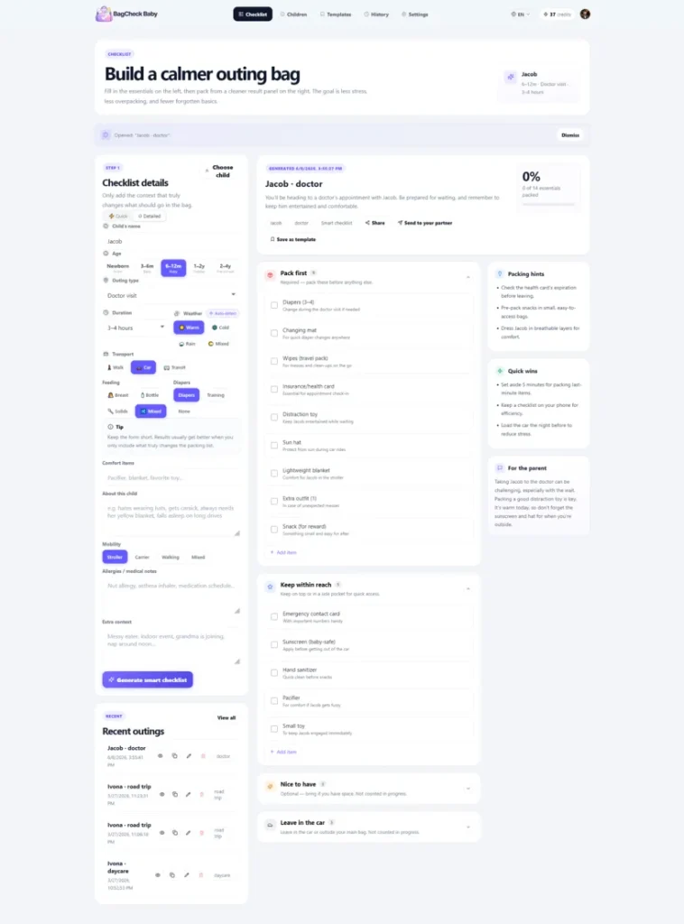 BagCheckBaby mobile checklist screen and SEO content structure