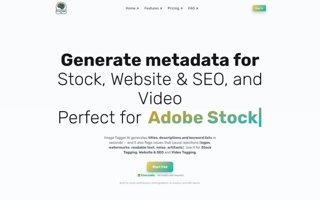 ImageTagger AI product homepage and stock metadata workflow